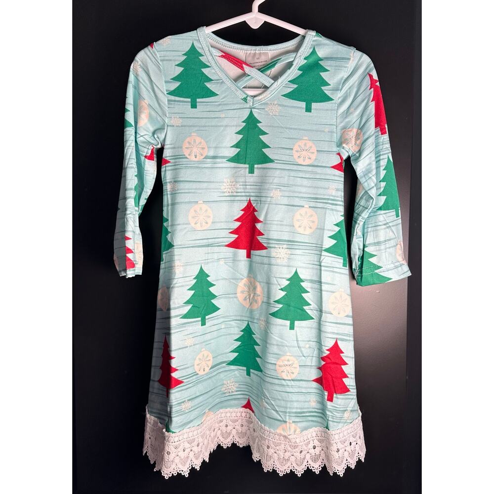 NWT Boutique Girls XS/12-18M Light Blue Dress Lace Hem Christmas Trees Ornaments